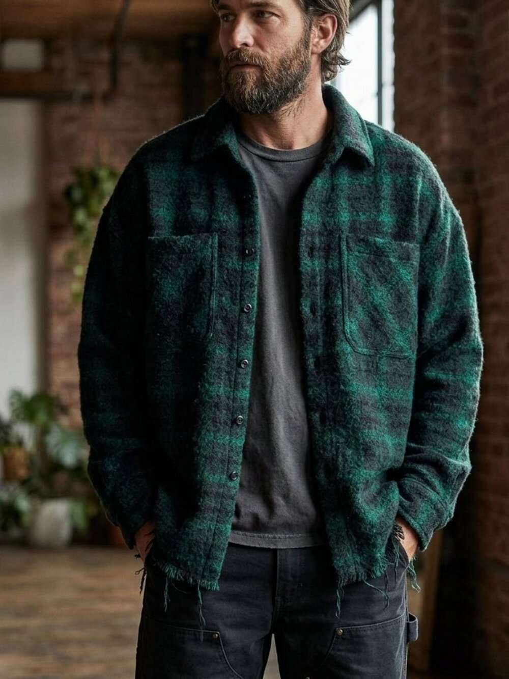 MNML Flannel Shirt Men's Size Medium Green Navy Loose Woven Jacket Shacket